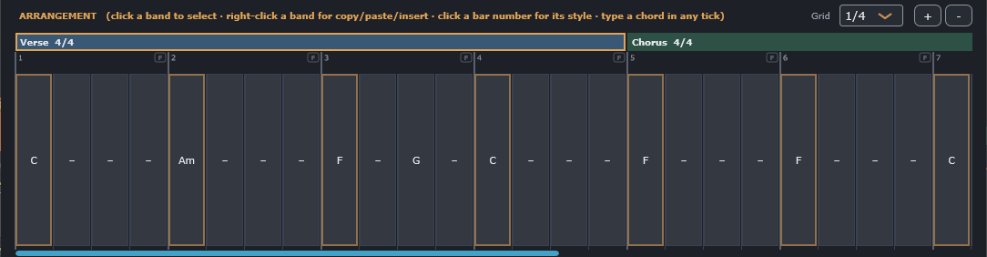 The arranger after loading Example-VerseChorus, with a Verse and Chorus of chords in the grid