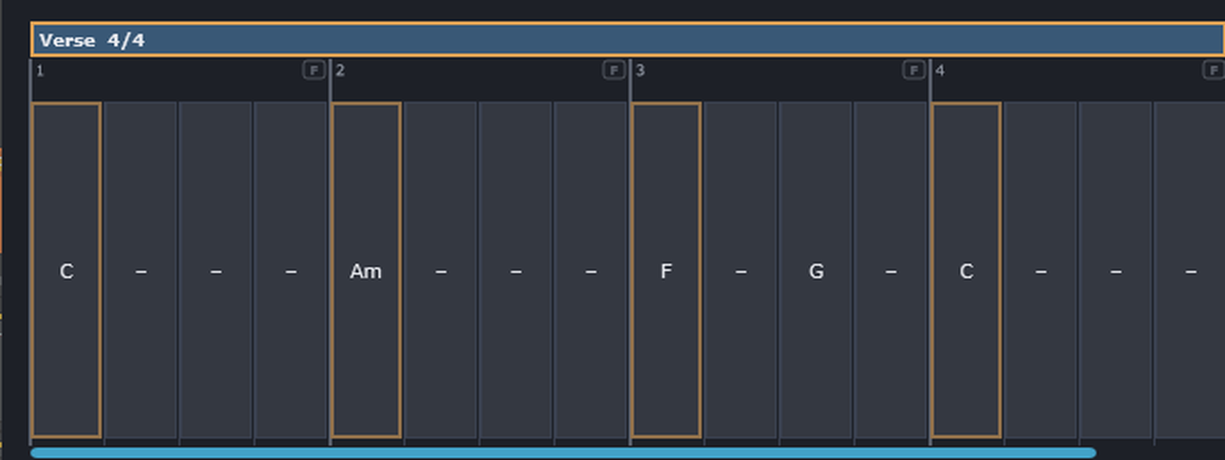 The Verse band and its four bars; bar 3 holds two chords, F then G