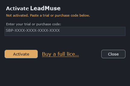 The Activate LeadMuse screen: a code field, an Activate button, a Buy link and Close