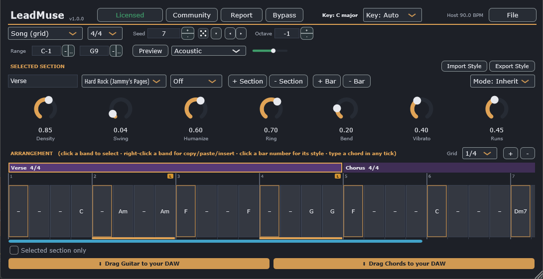 The arranger after loading Example-VerseChorus, with a Verse and Chorus of chords in the grid