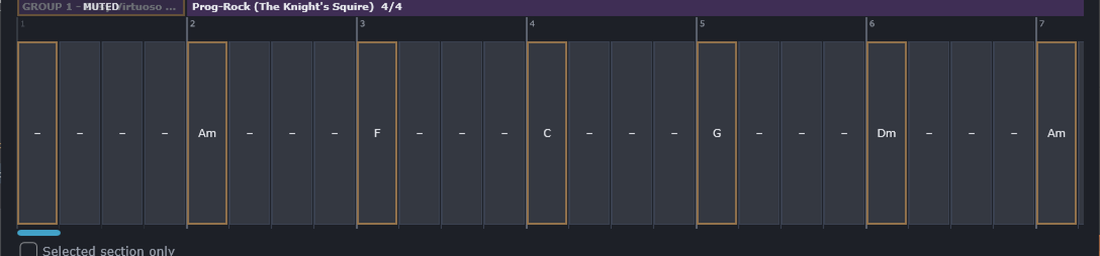 A section band above its numbered bar grid, chords sitting in some of the cells