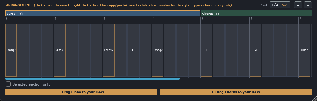 The arranger after loading Example-VerseChorus, with a Verse and Chorus of chords in the grid
