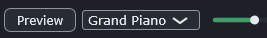 The PianoMuse Preview button, level slider, and instrument menu, to the right of the range controls