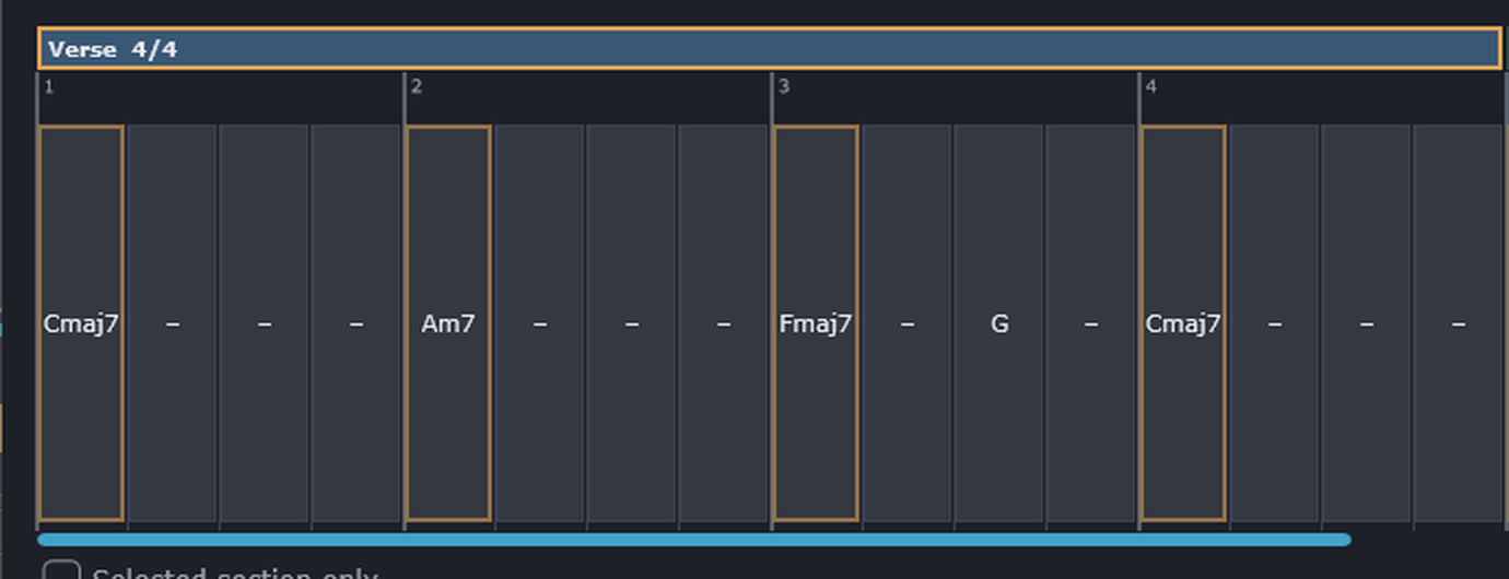 The Verse band and its four bars; bar 3 holds two chords, Fmaj7 then G